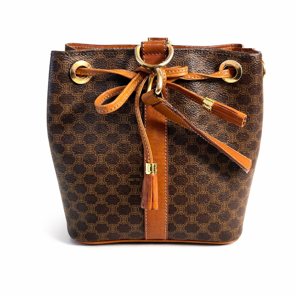 Vintage CELINE Paris Macadam Bucket Bag Brown Monogram Leather Italy 90s Bag - Picture 3 of 13